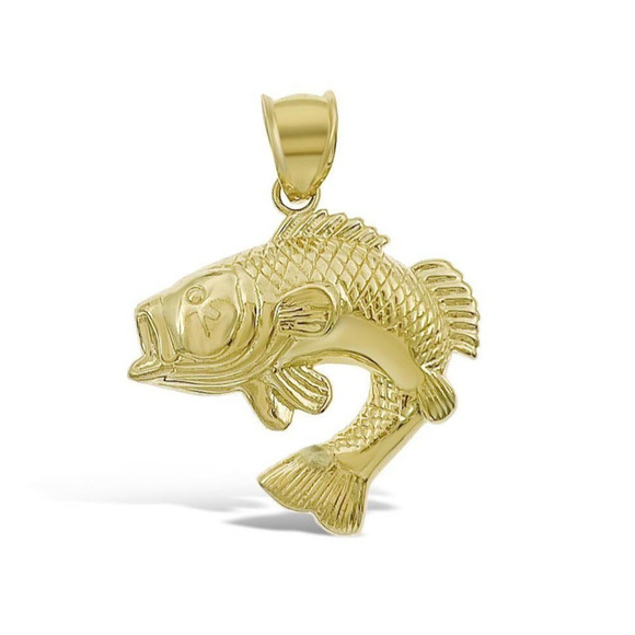 Sea Bass Fish Pendant Charm 10k Yellow Gold 1.2 inch - Picture 1 of 3